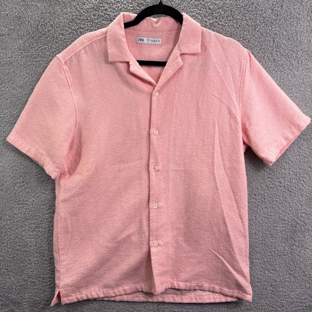 Zara Women's Button Down‎ Shirt Medium Pink Cotton Blend Casual Short Sleeve Top